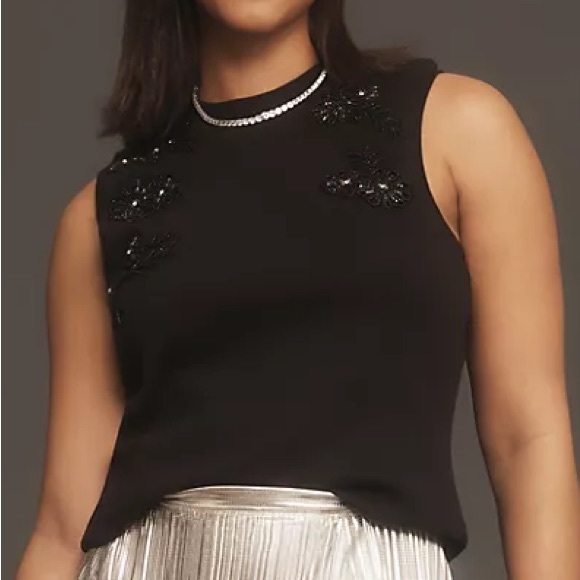 Anthropologie Black Beaded Applique Tank Top Sleeveless Ribbed Cotton Knit Sz 2X - Picture 2 of 16